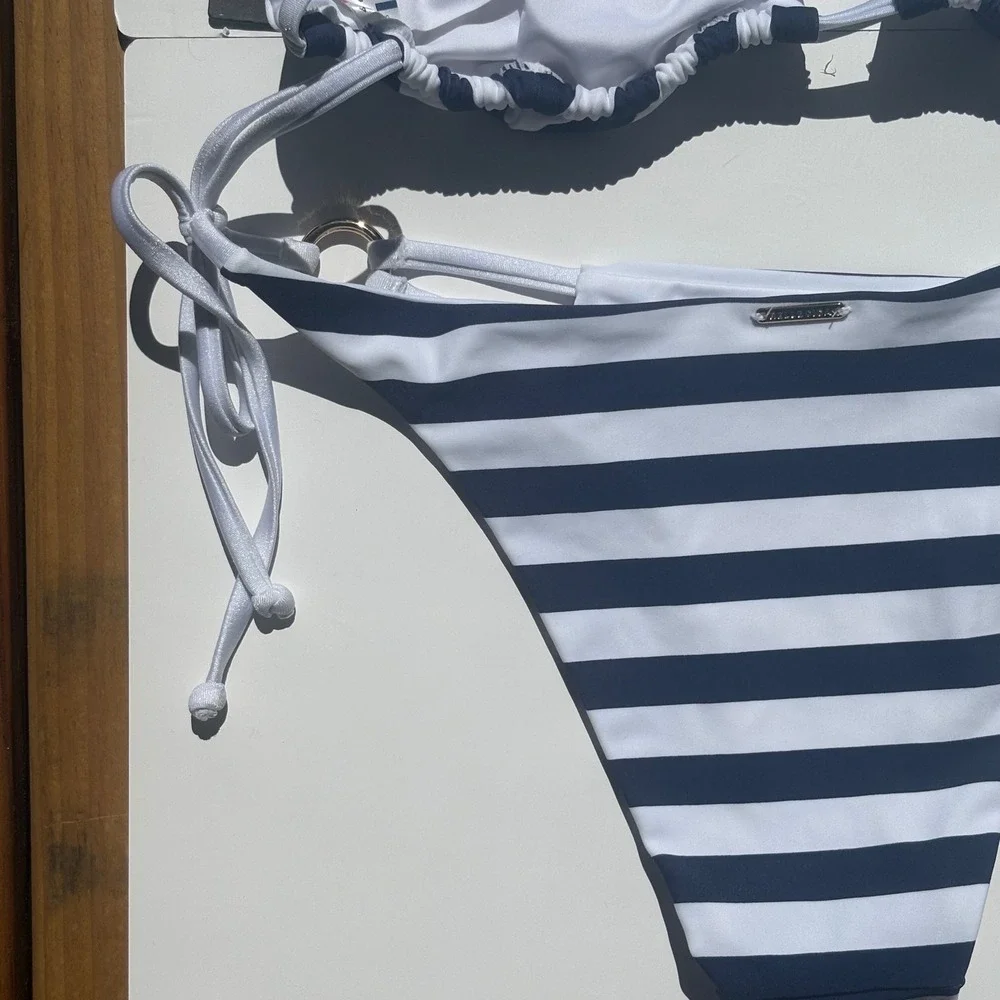 RELLECIGA Womens Striped Triangle Bikini Set Navy Blue White Size Small
